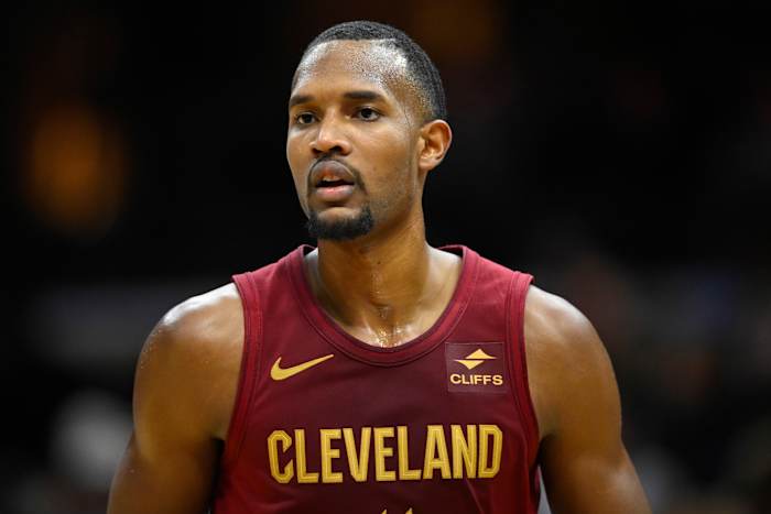 Nov 19, 2023; Cleveland, Ohio, USA; Cleveland Cavaliers forward Evan Mobley (4) stands on the court in the fourth quarter against the Denver Nuggets at Rocket Mortgage FieldHouse. Mandatory Credit: David Richard-USA TODAY Sports